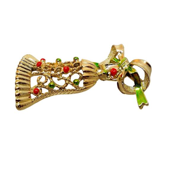 Gerry's Christmas Bell Brooch Gold Red Green Enamel Holiday Pin Vintage 1970s - Picture 4 of 6